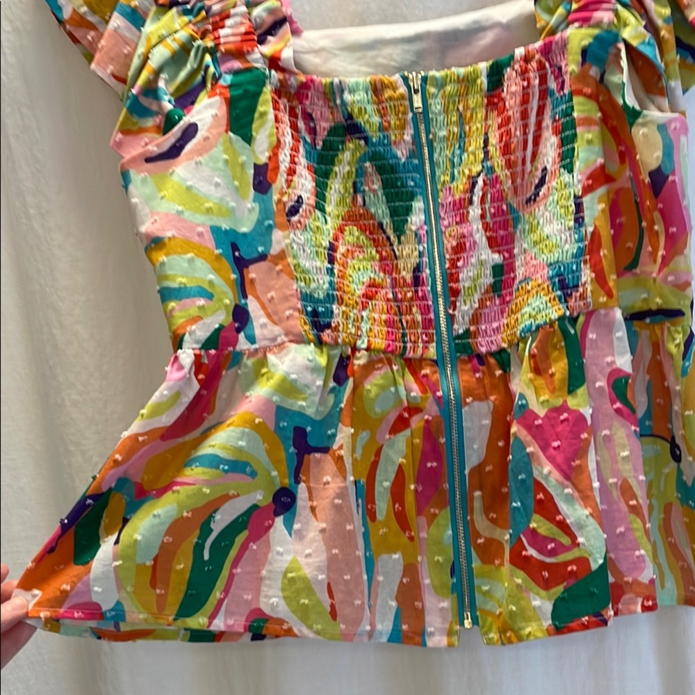 NWOT CROSBY by Mollie Burch Yellow Pink Fitted Ruffled Blouse - Picture 10 of 14